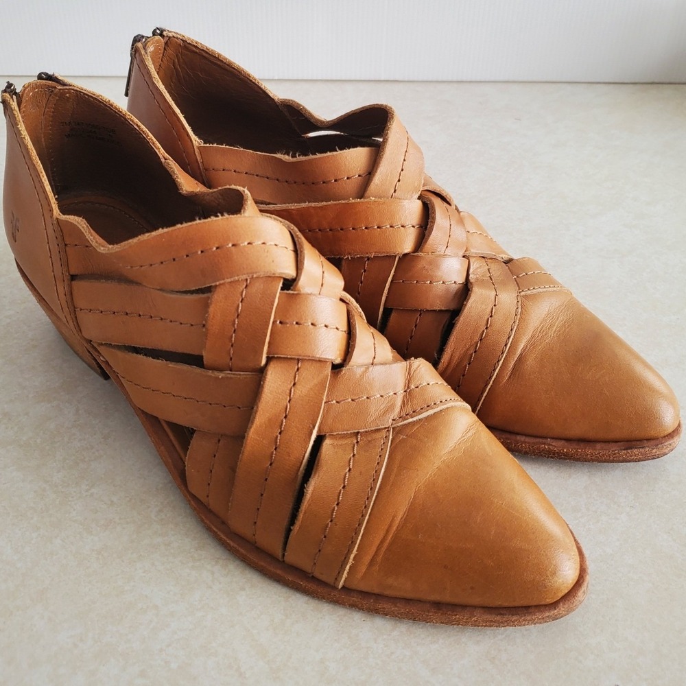 Frye Tan Leather Ray Huarache Bootie Shoes Low Block Heel Pointed Toe Shoes 7M